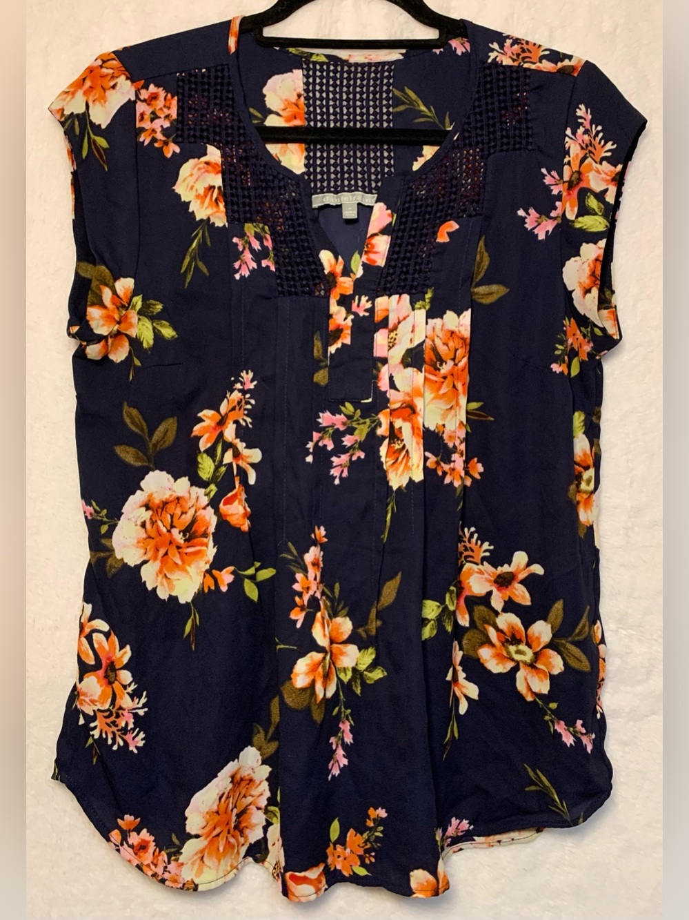 Daniel Rainn Navy Floral Split-Neck Blouse